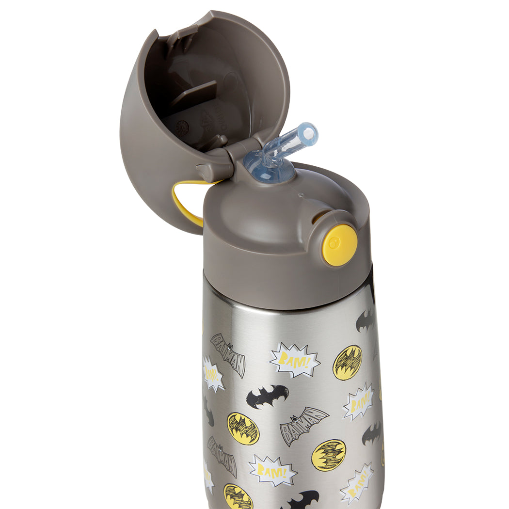 Batman-themed water bottle with gray lid and yellow accents on a white background