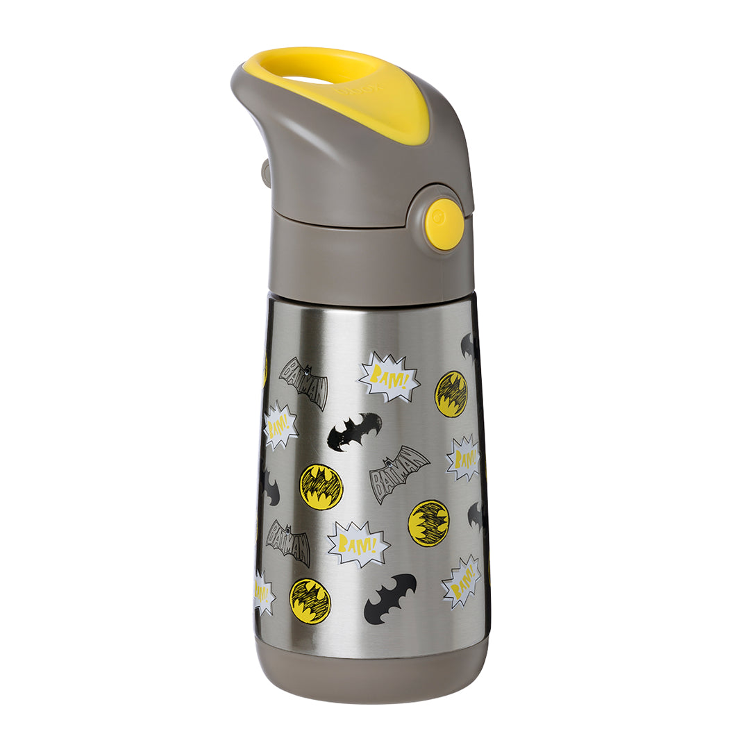Children's water bottle with Batman-themed design on a white background