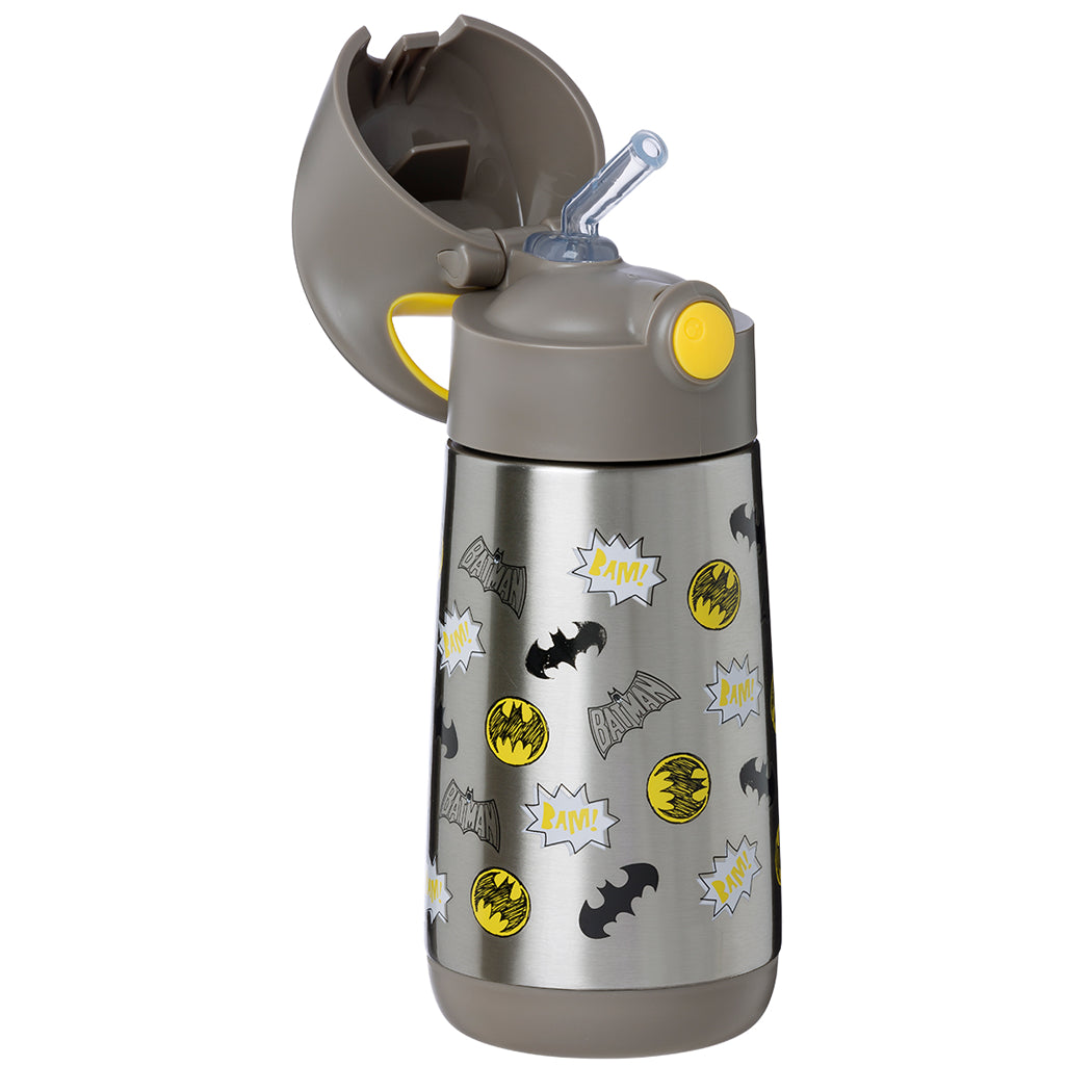 Children's water bottle with Batman-themed designs on a white background