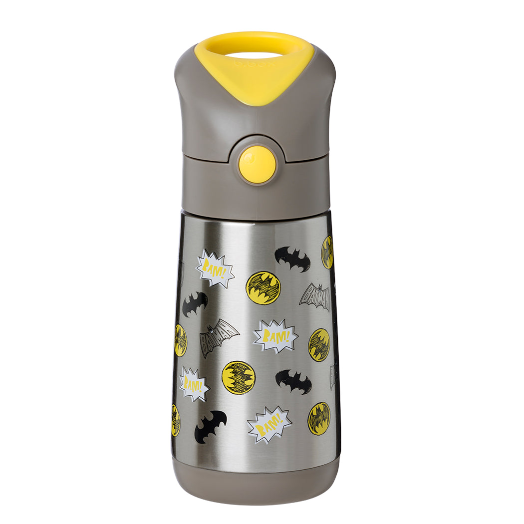 Children's thermos with Batman-themed designs on a white background