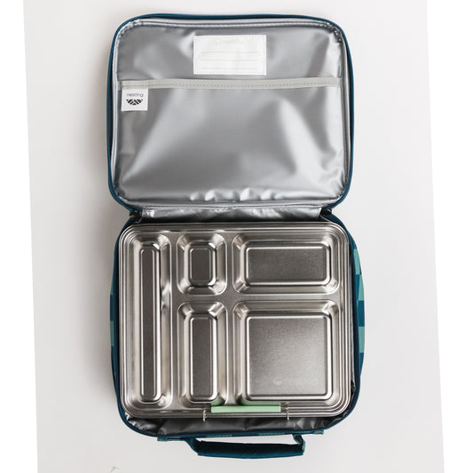 An open insulated lunch bag with a stainless steel compartment tray inside, shown from above on a plain white background.