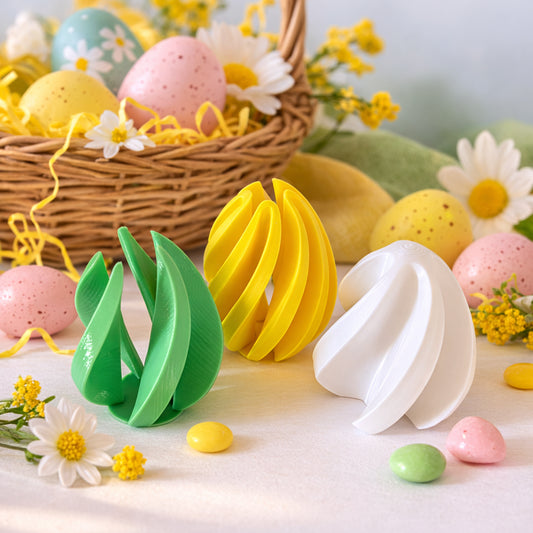 Colorful Easter-themed toys and eggs on a light surface with flowers and a basket in the background.