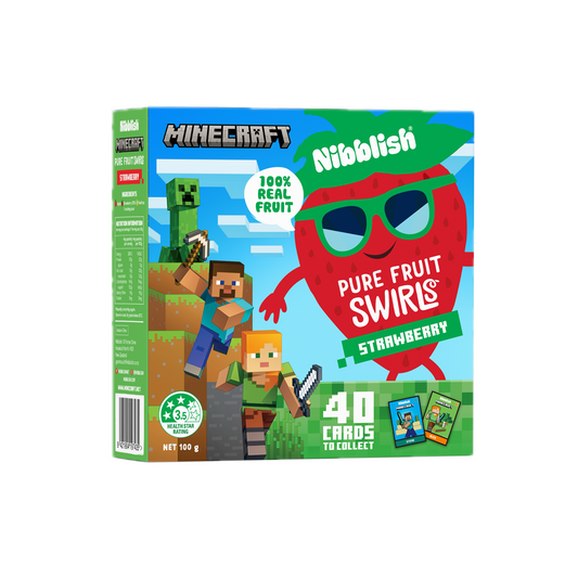 Nibblelish Minecraft-themed strawberry fruit swirls packaging with characters and branding.