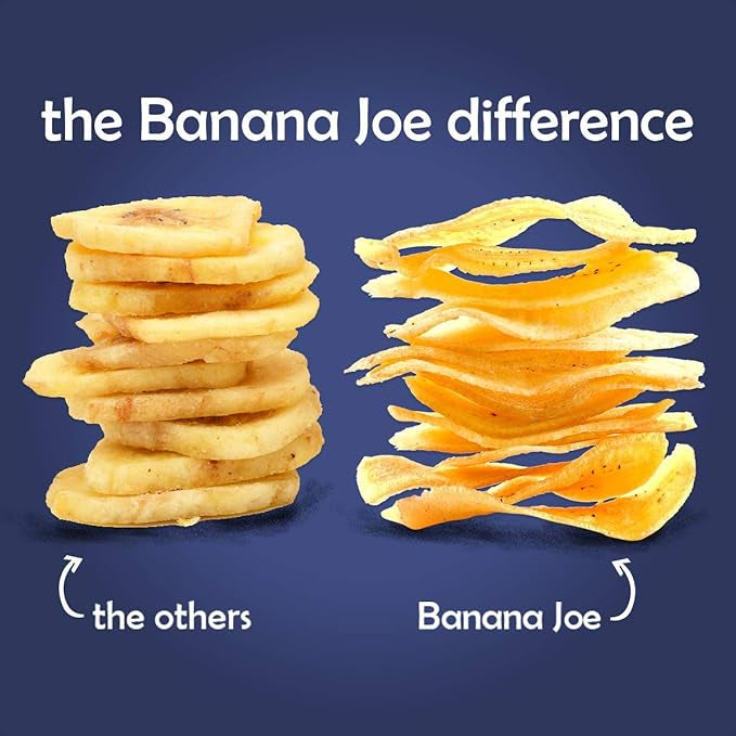 Comparison of Banana Joe chips with 'the others' on a blue background