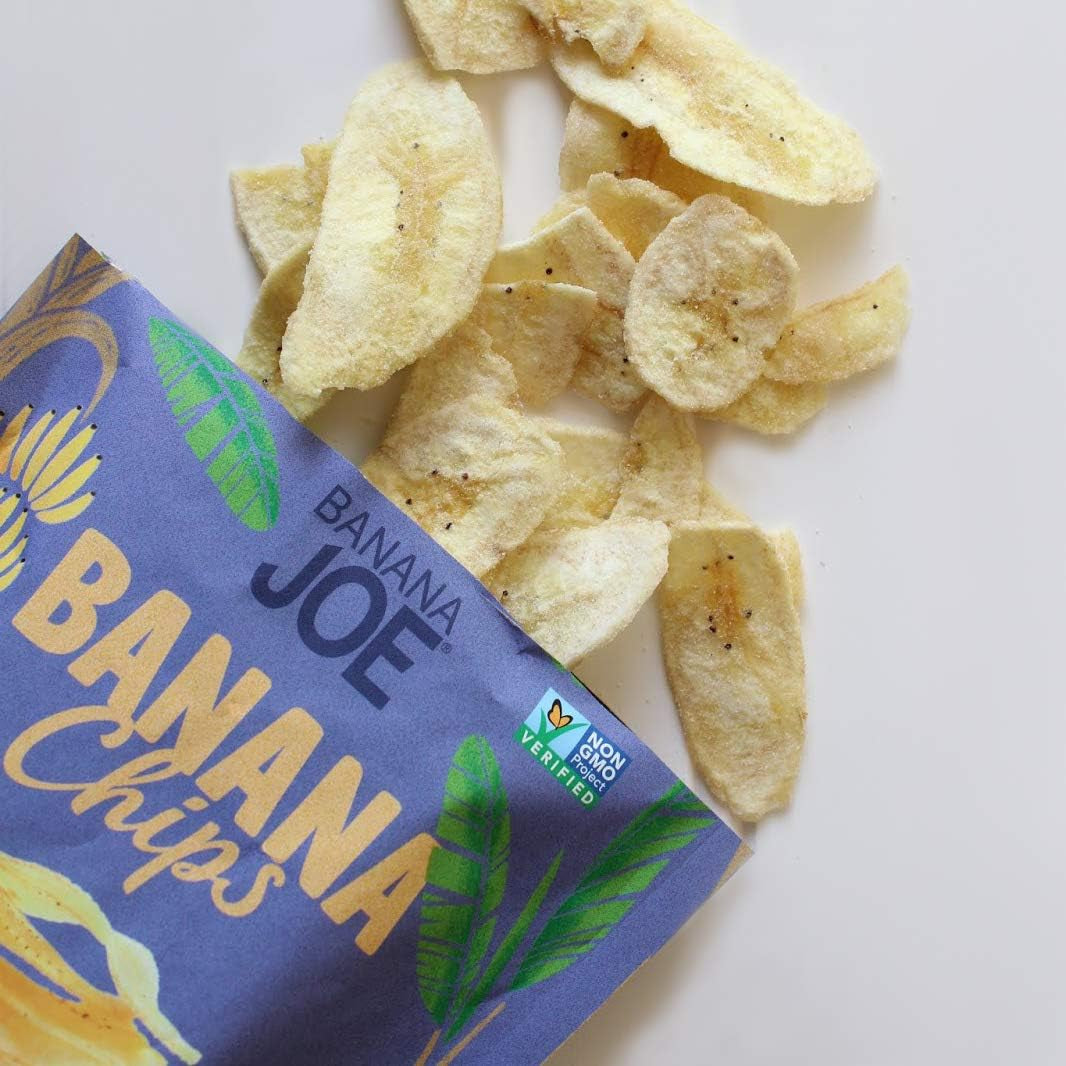 Banana Joe banana chips with packaging on a white background