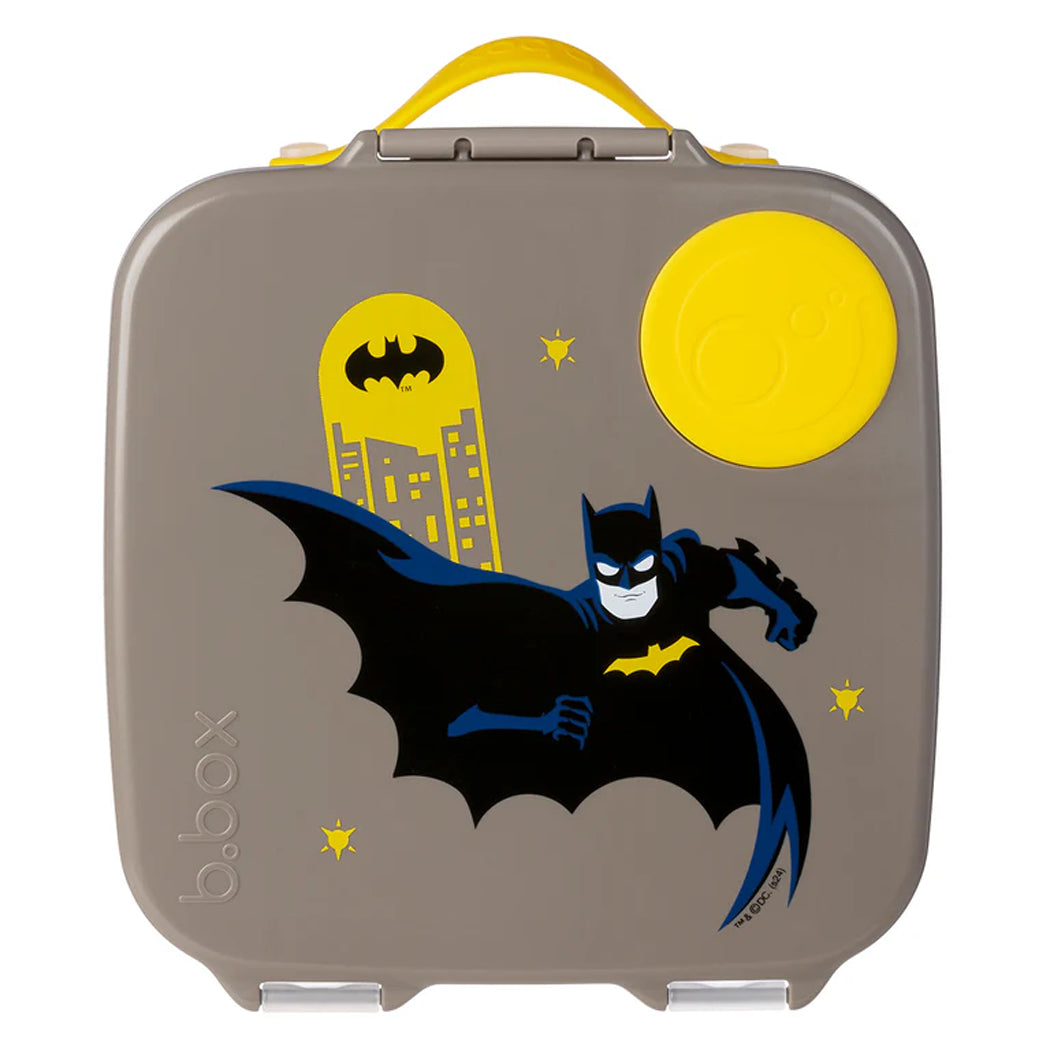 Children's lunch box with Batman design on a gray background
