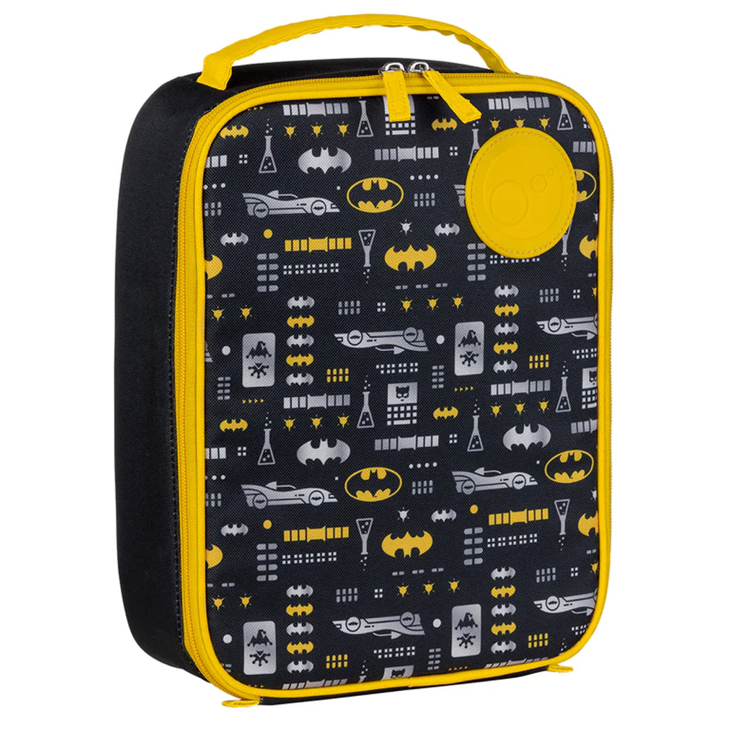Batman-themed lunch bag with yellow accents on a white background