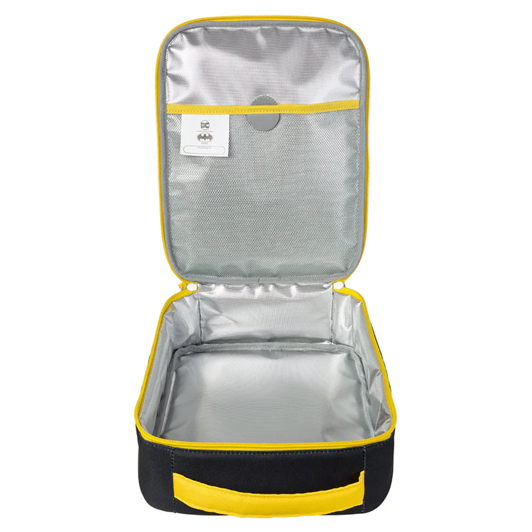 Open insulated lunch bag with yellow trim on a white background