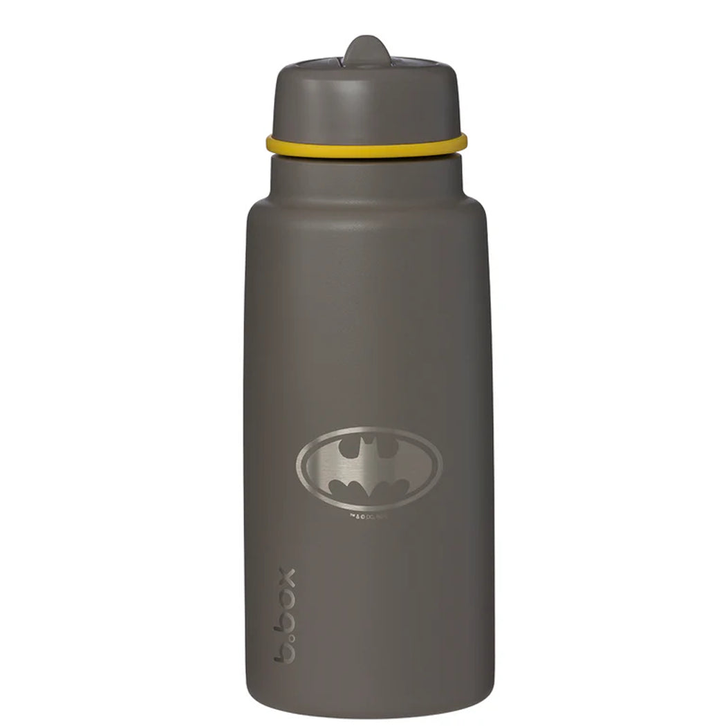 Gray water bottle with Batman logo and yellow straw lid on a white background