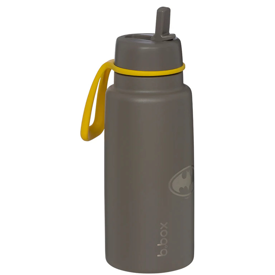 Gray water bottle with yellow handle on a white background