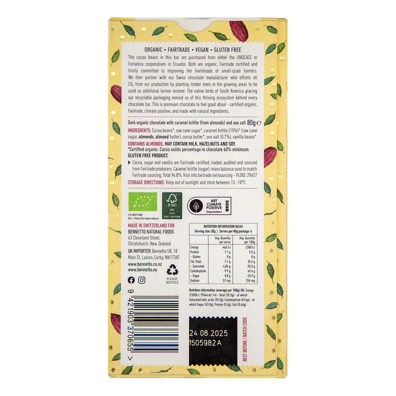 Bennetto, Organic Dark Chocolate, 80g - Healthy Snacks NZ