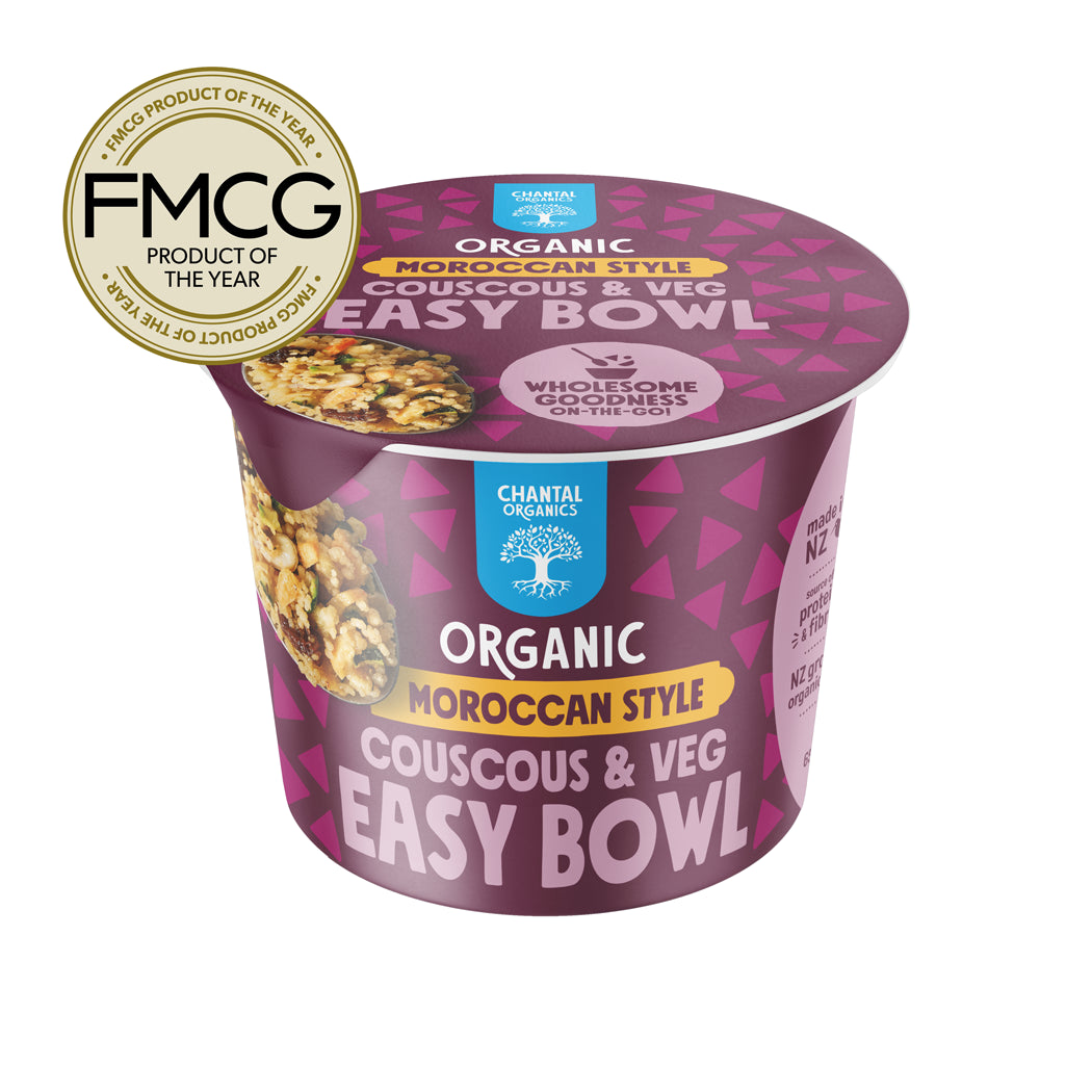 Organic Moroccan style couscous & veg easy bowl packaging with FMCG product of the year award.