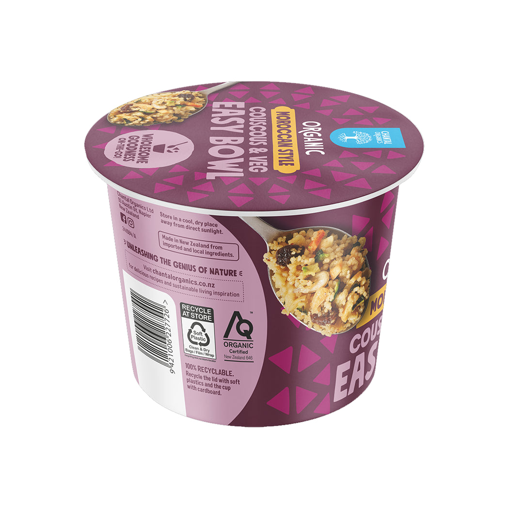 Cup of food with purple lid and label on a white background