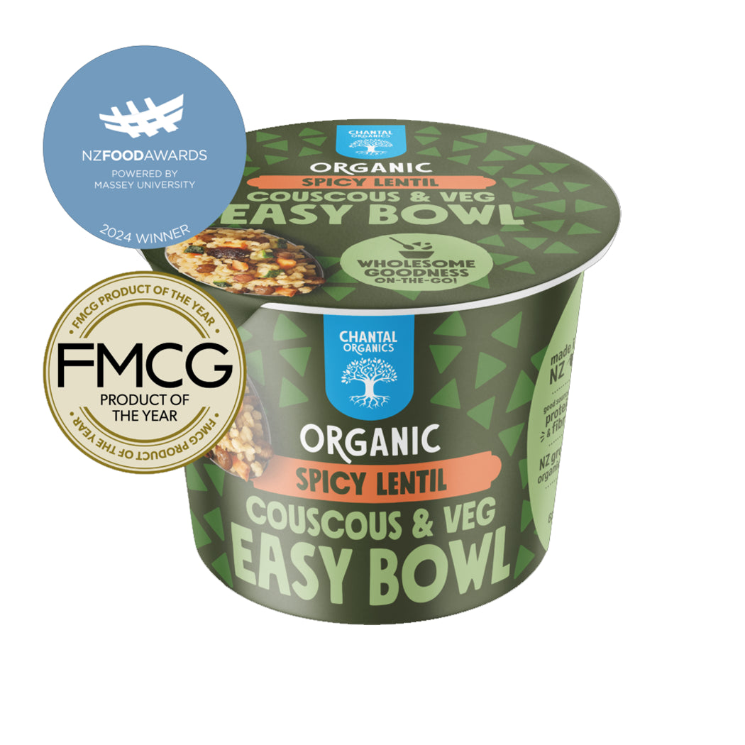Organic spicy lentil couscous & veg easy bowl packaging with awards on a white background
