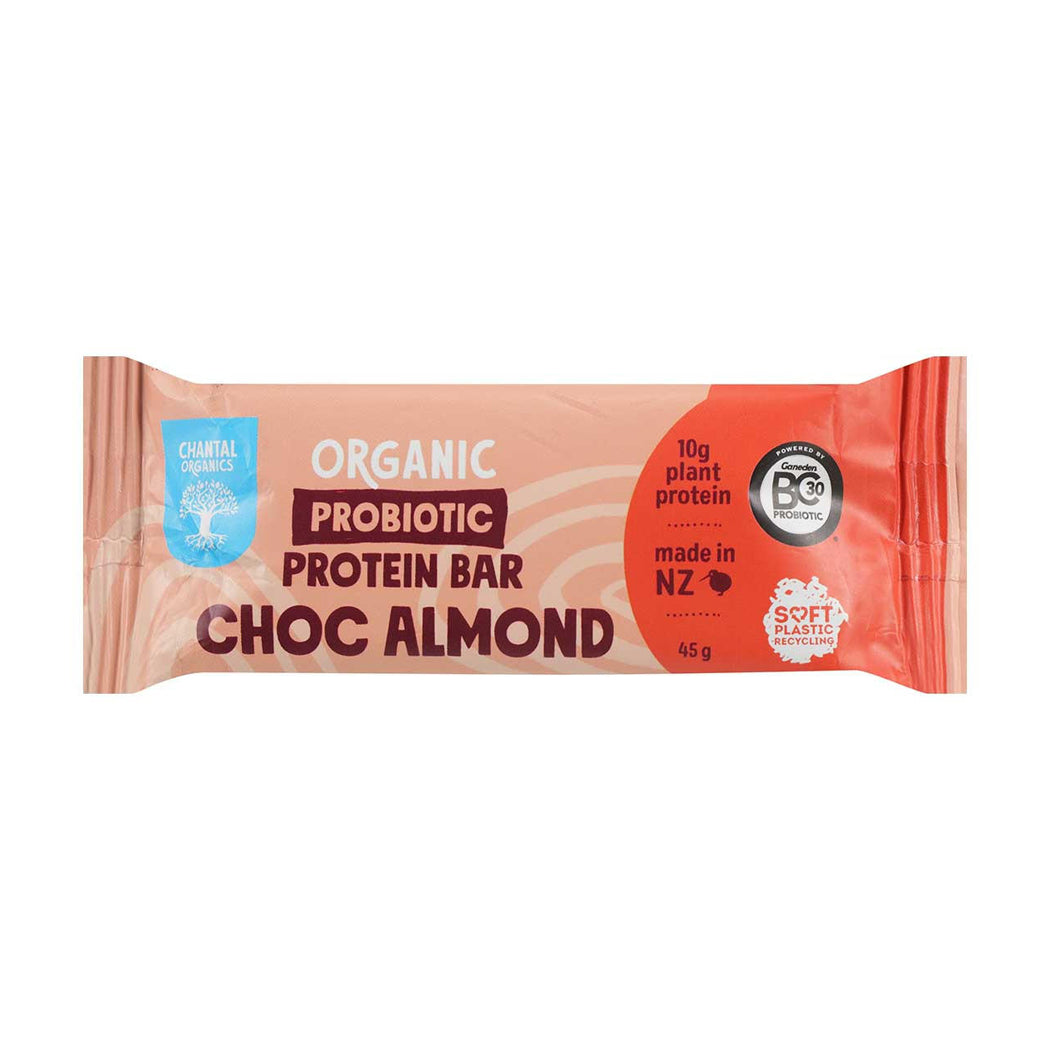 Organic probiotic protein bar packaging with 'Choc Almond' flavor on a white background