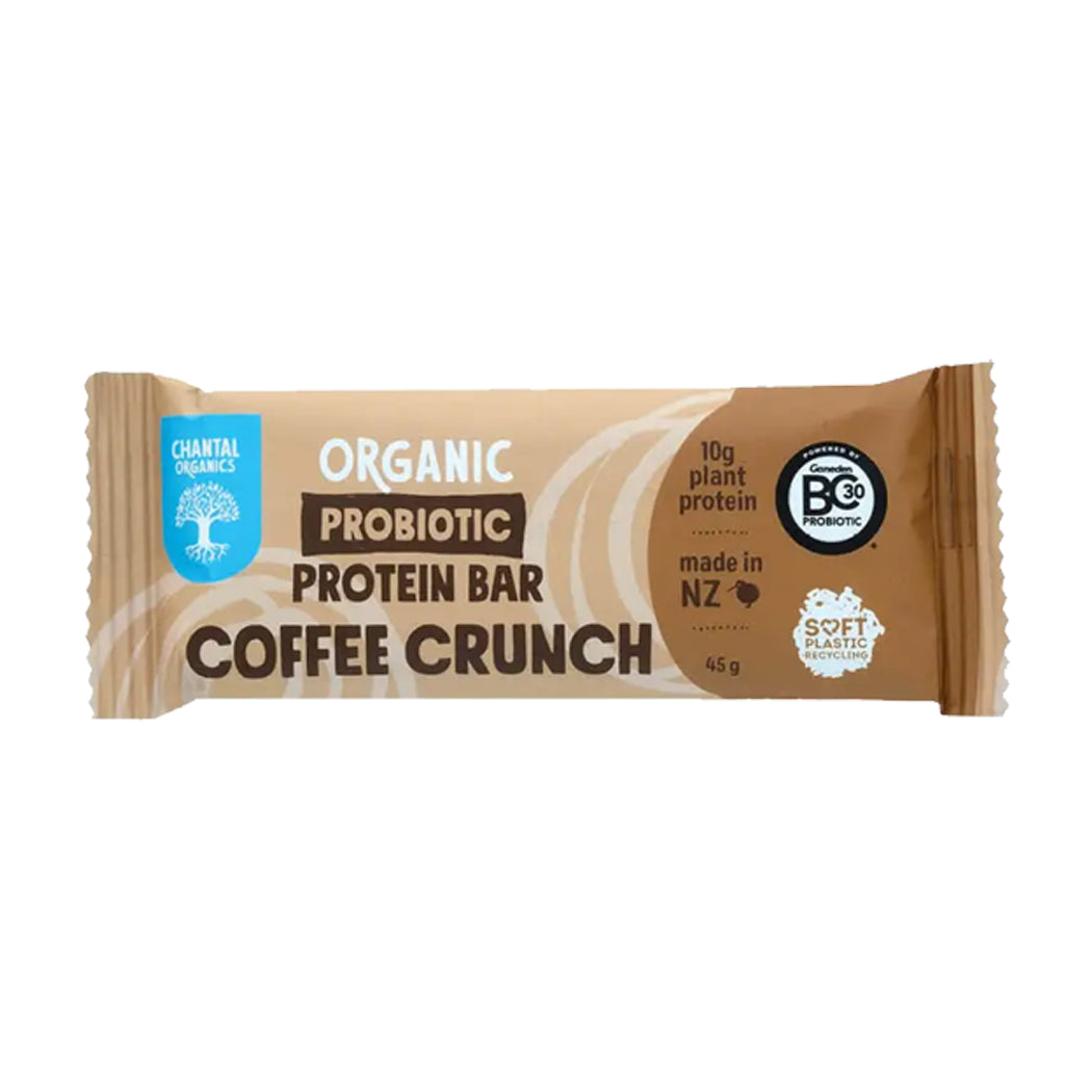 Protein bar packaging with 'Coffee Crunch' flavor on a white background
