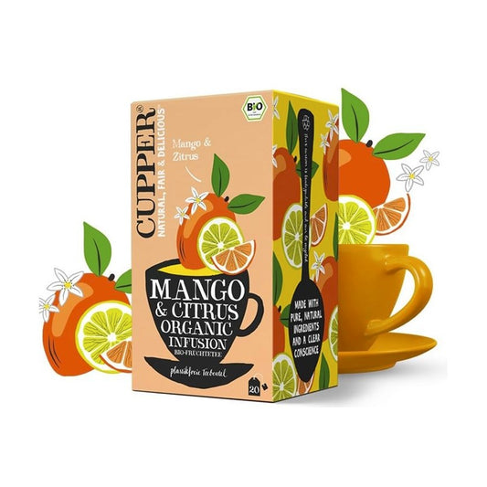 Box of Mango & Citrus Organic Infusion with a yellow mug on a white background