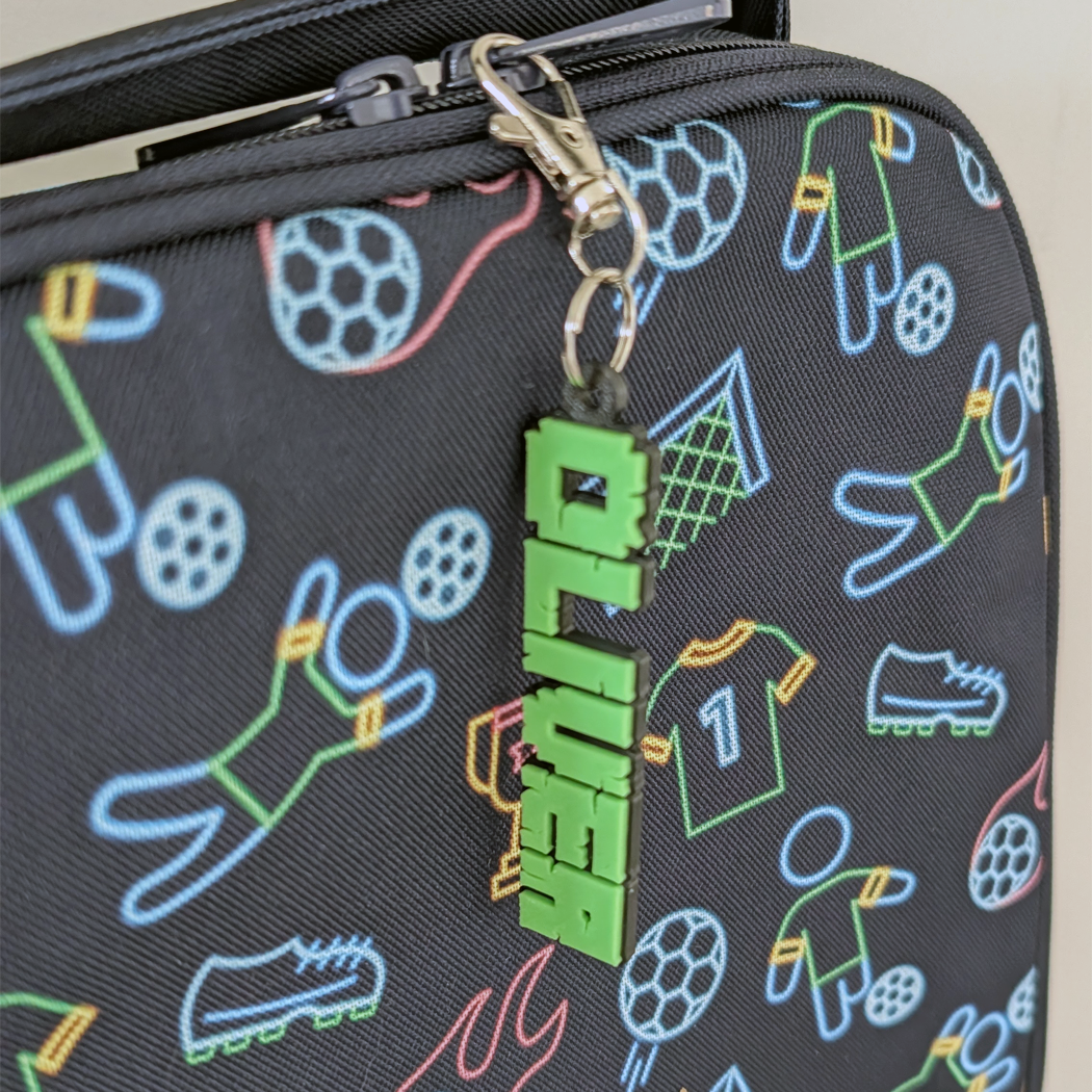 Backpack with sports-themed design and visible brand logo on a white background