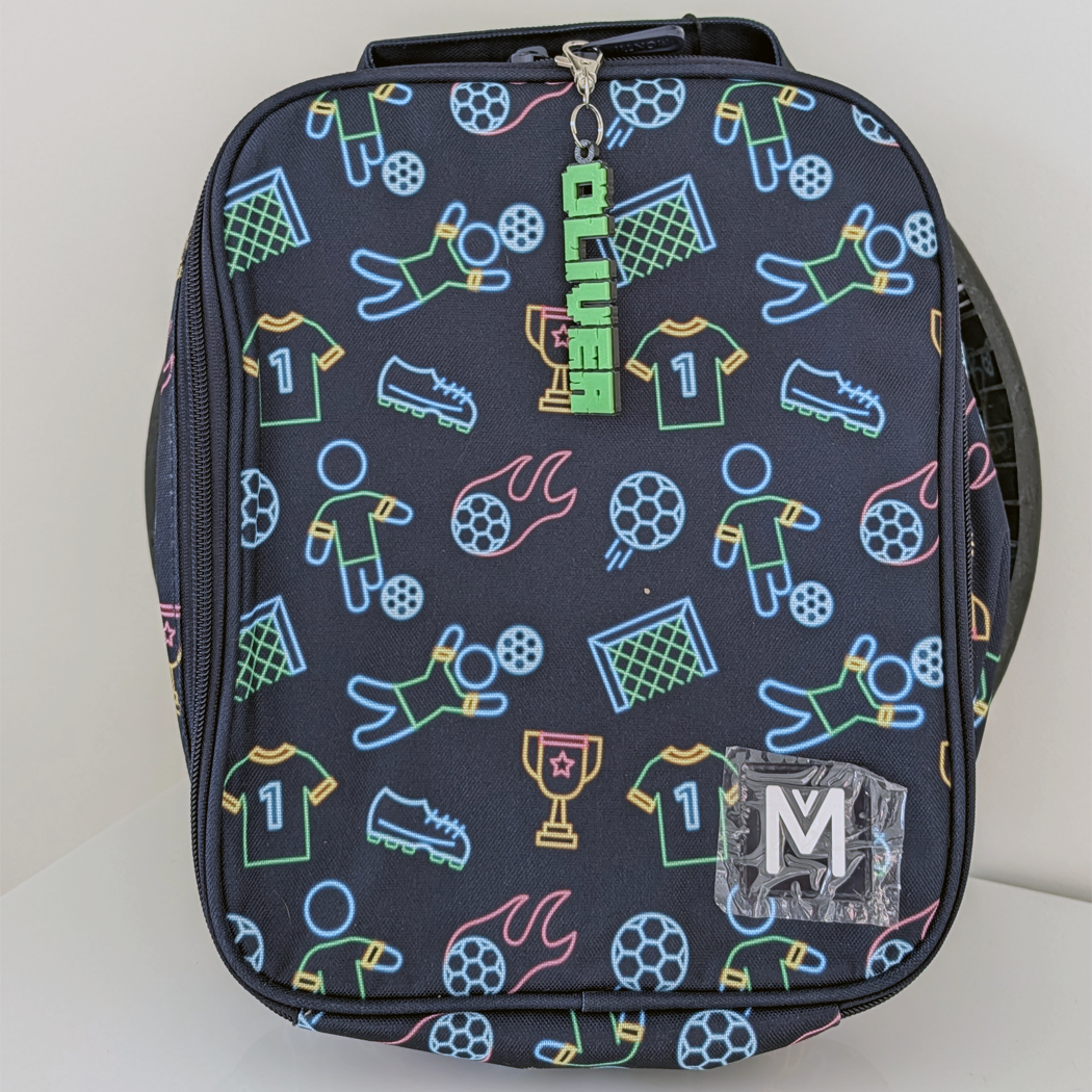 Backpack with sports-themed design and visible brand logo on a white background