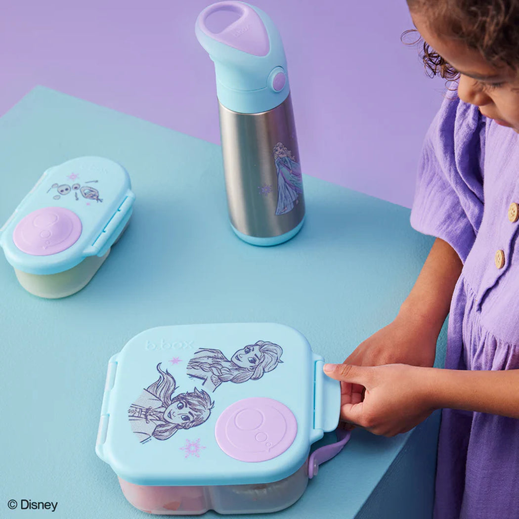 Children's snack containers and water bottle with Disney character design on a blue and purple background.
