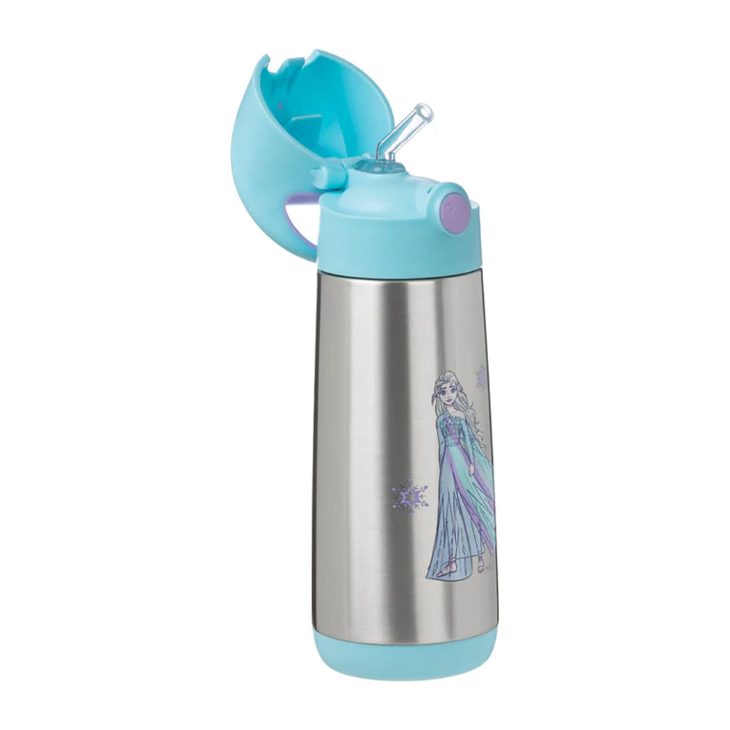 Children's stainless steel water bottle with Elsa design on a white background