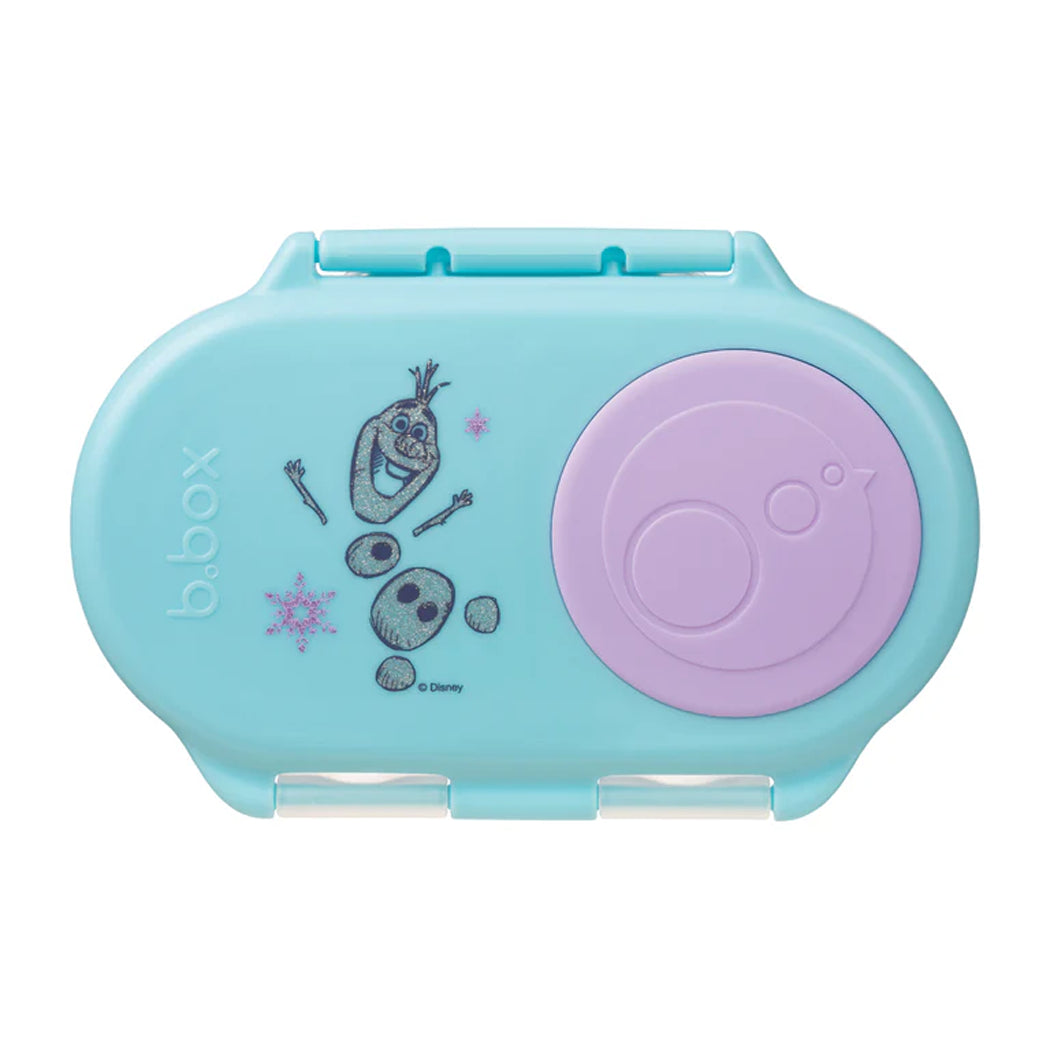 Blue snack container with purple circle and character design on a white background