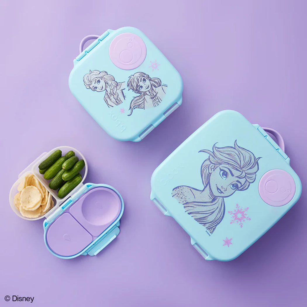 Frozen-themed lunch box set on a purple background