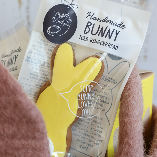 Handmade iced gingerbread bunny package with 'Molly Woppy' branding.