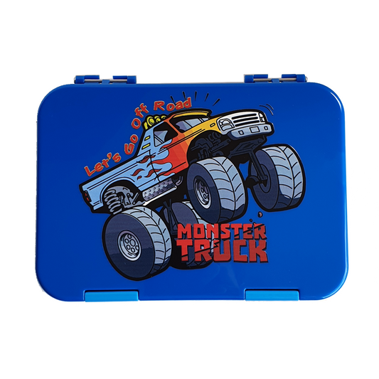 Blue container with a monster truck design on a white background