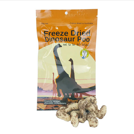 Packaged freeze-dried dinosaur poop product with an orange label on a white background
