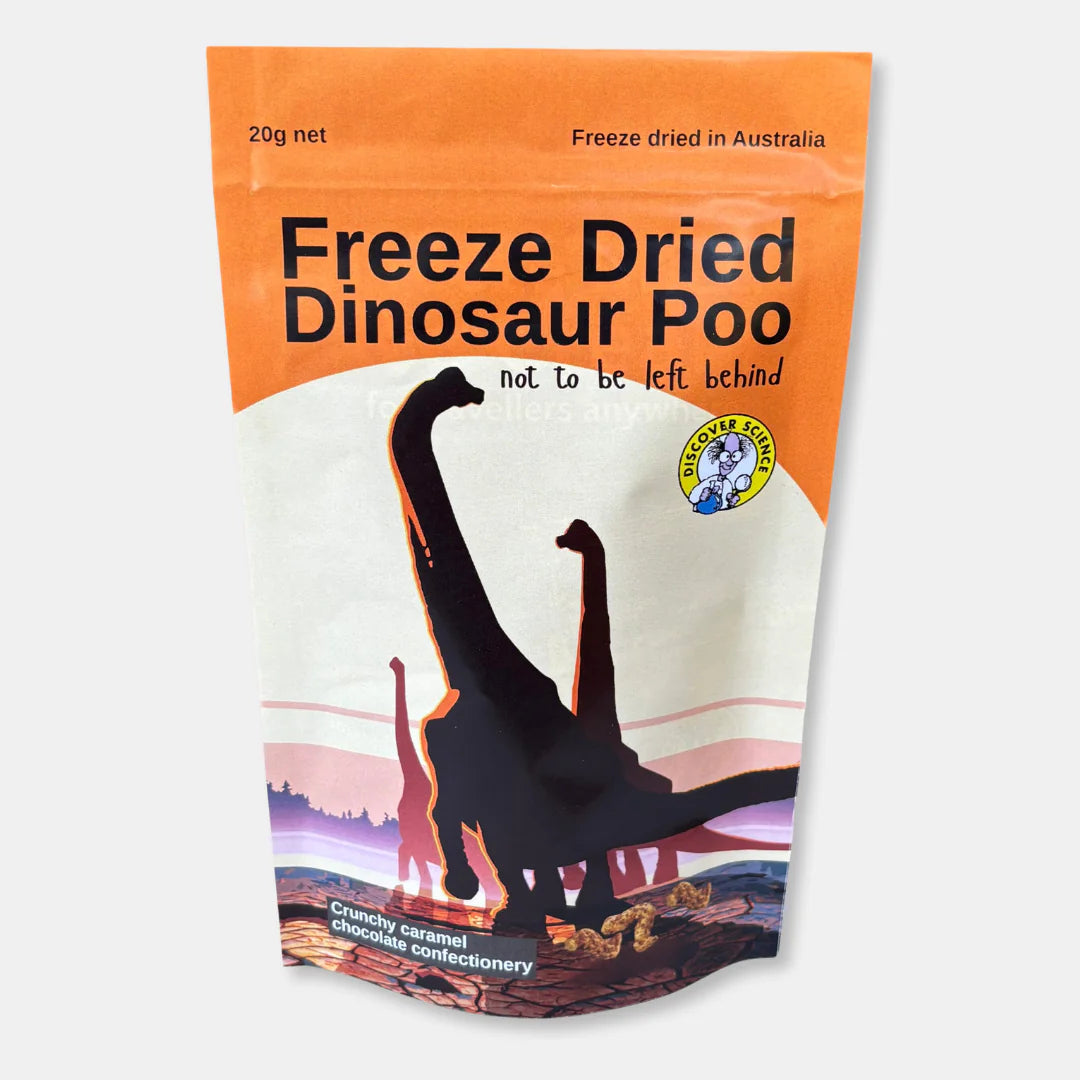 Package of freeze-dried dinosaur-shaped product with orange and white design.