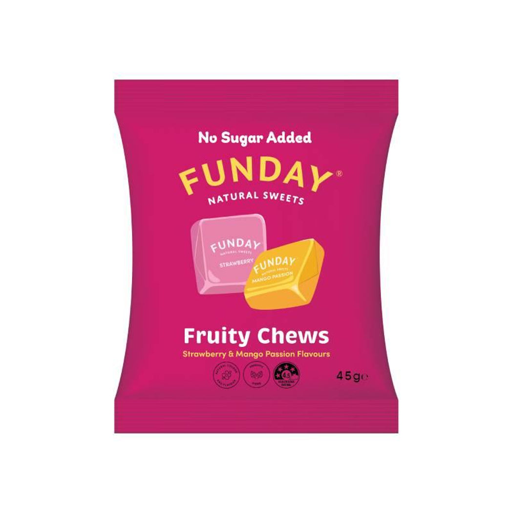 Pink package of Funday Natural Sweets Fruity Chews on a white background