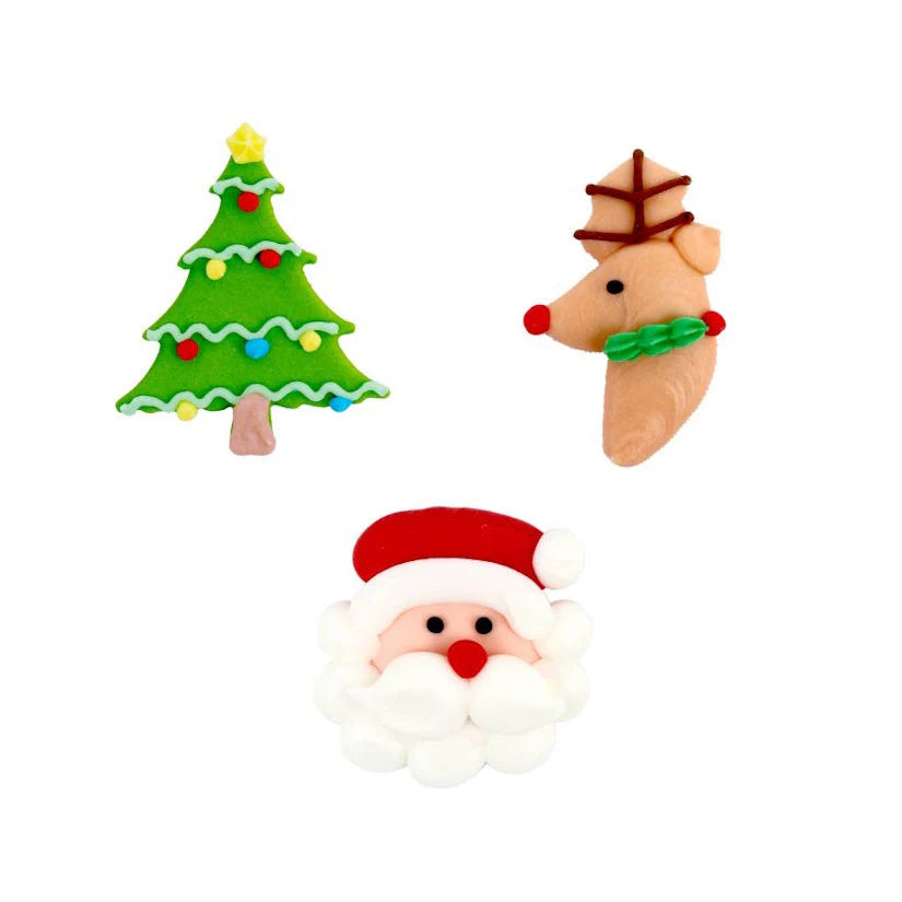 Three Christmas-themed cookie cutters shaped like a reindeer, a Christmas tree, and Santa Claus on a white background.