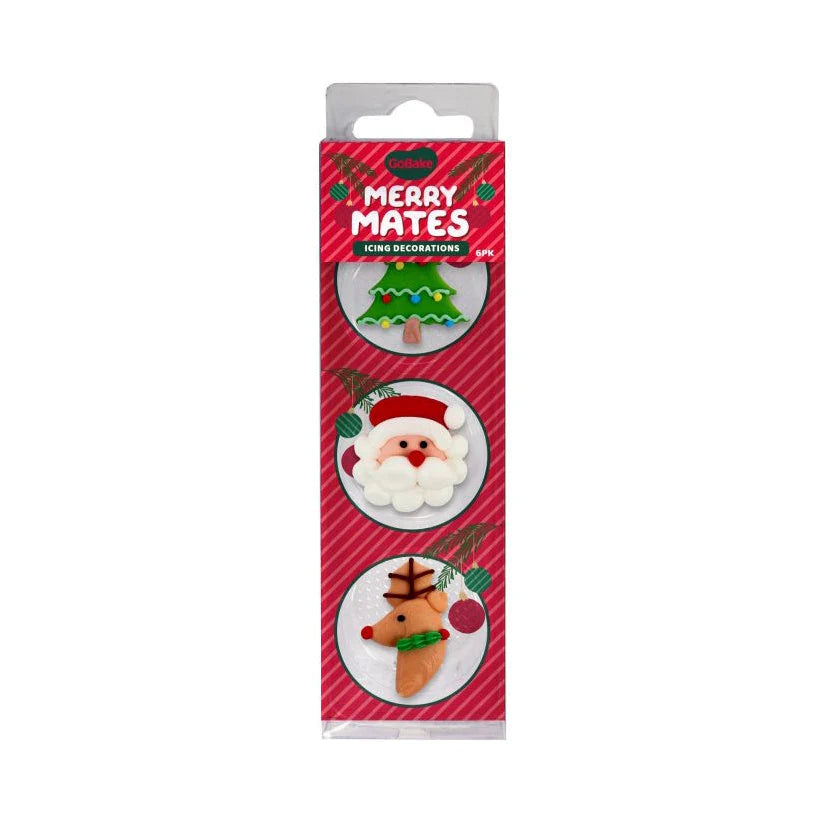 Pack of Merry Mates icing decorations with Santa Claus, Christmas tree, and reindeer on a red and white striped background.