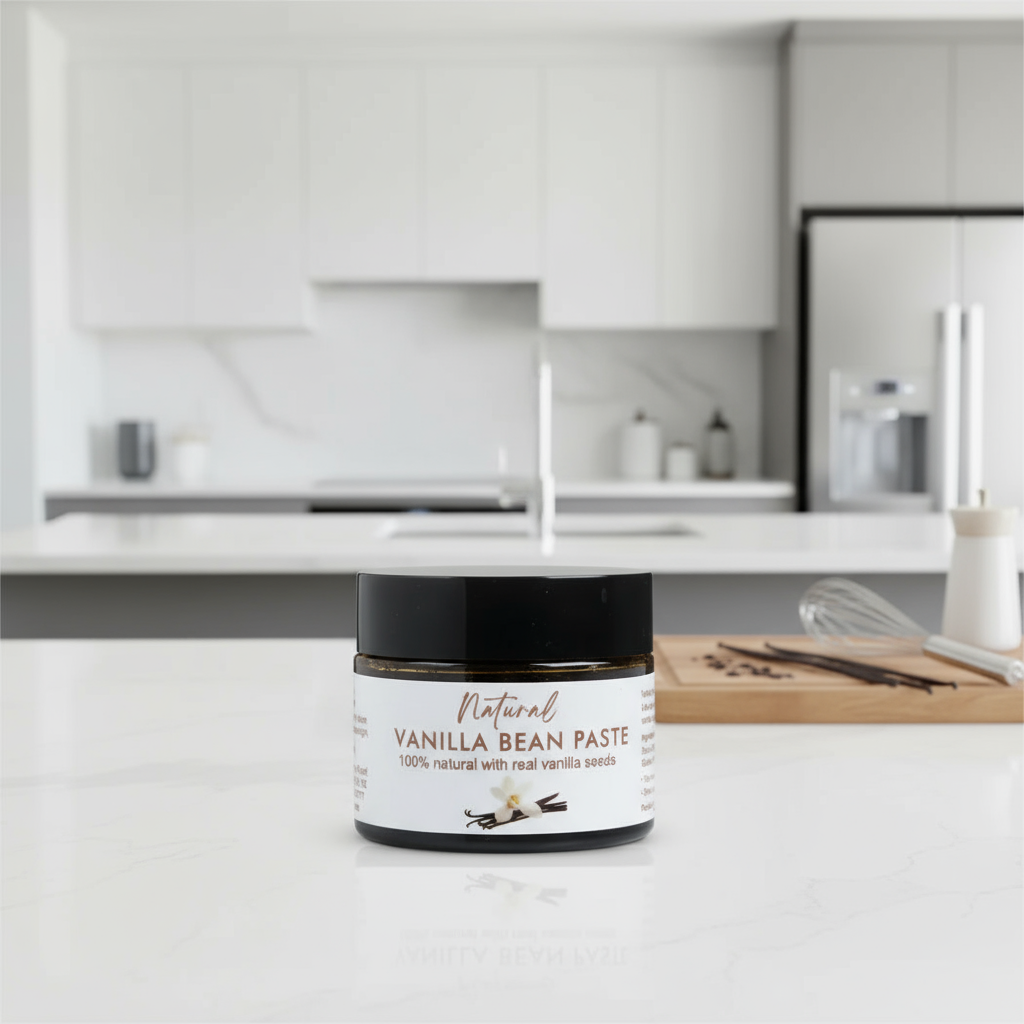 Jar of vanilla bean paste on a kitchen counter