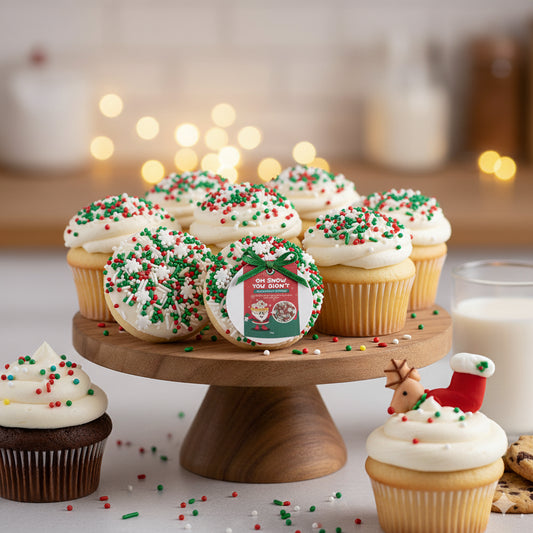 Decorative cupcakes with sprinkles on a wooden cake stand against a blurred background with lights.