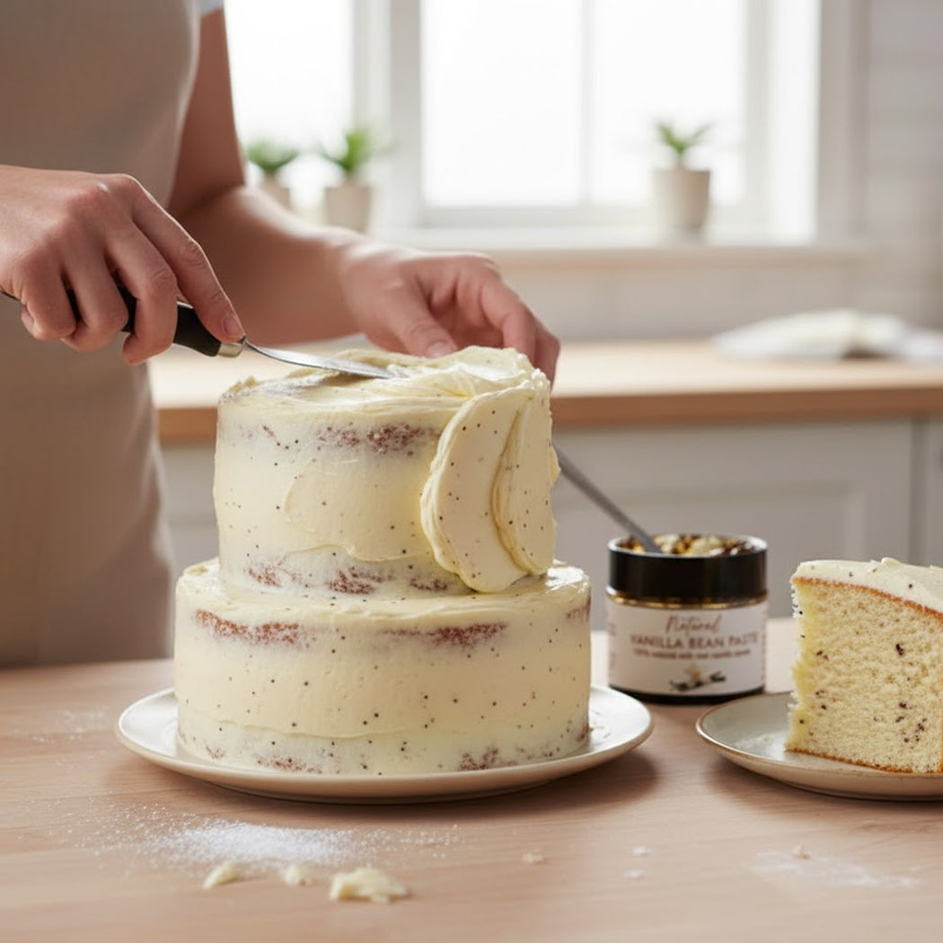 Person cutting a two-tiered cake with vanilla bean paste on a wooden table.