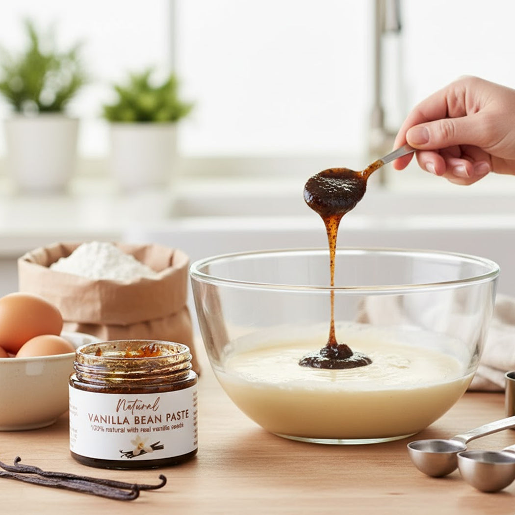 Vanilla bean paste being drizzled into a bowl of cream on a kitchen counter.