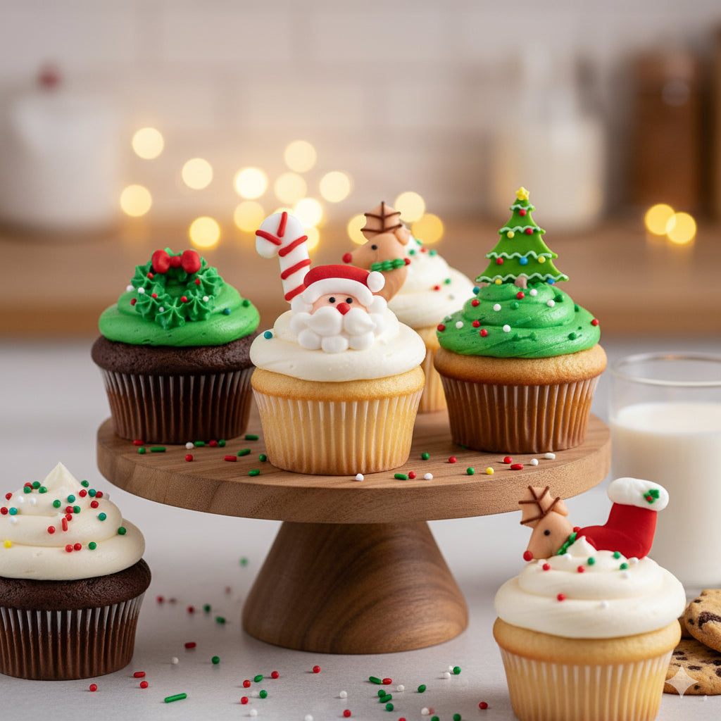 Decorative cupcakes on a wooden stand with festive decorations against a blurred background