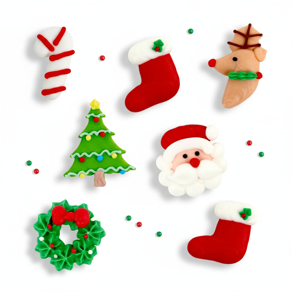 Set of Christmas-themed decorations including a candy cane, stocking, reindeer, tree, wreath, and Santa Claus on a white background.