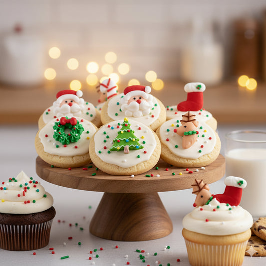 Decorative cookies on a wooden stand with festive icing and sprinkles, set against a blurred background with lights.
