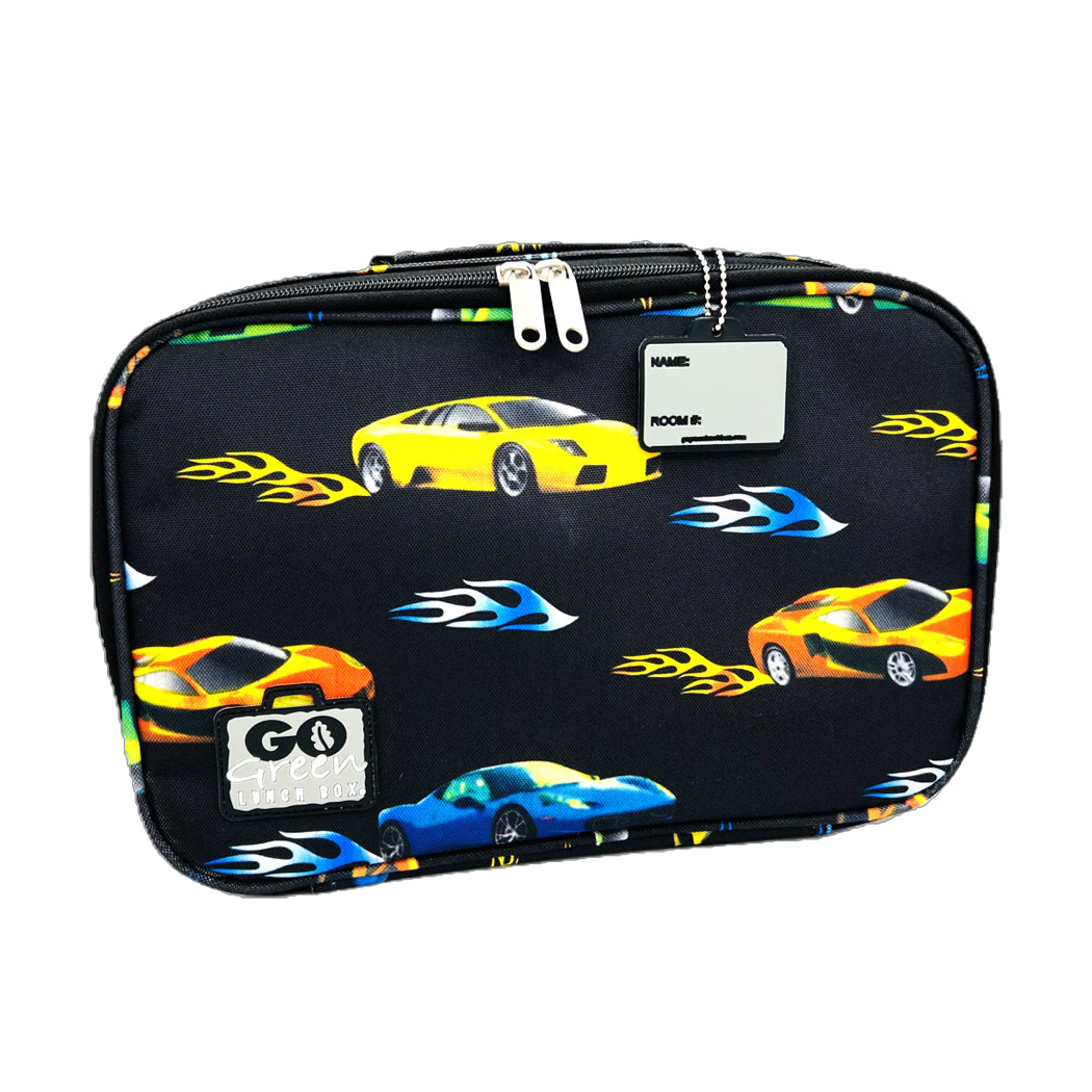 Black cosmetic bag with colorful car patterns on a white background