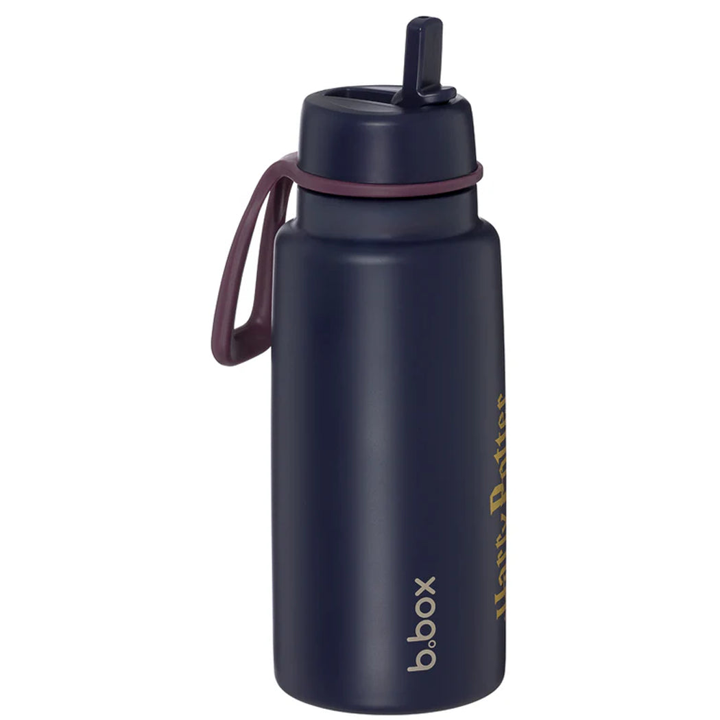 Navy blue water bottle with a purple handle on a white background