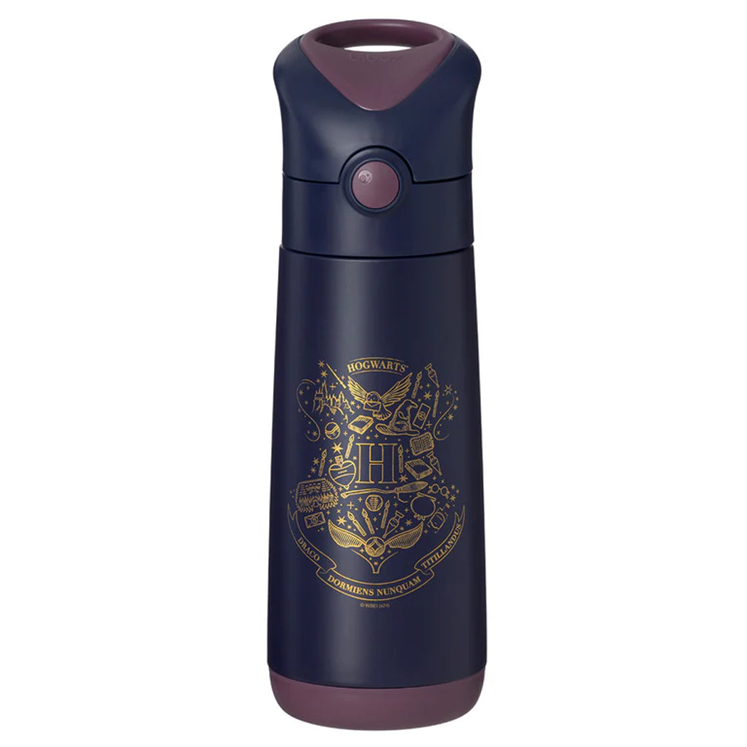 Navy blue thermos with gold Hogwarts crest on a white background