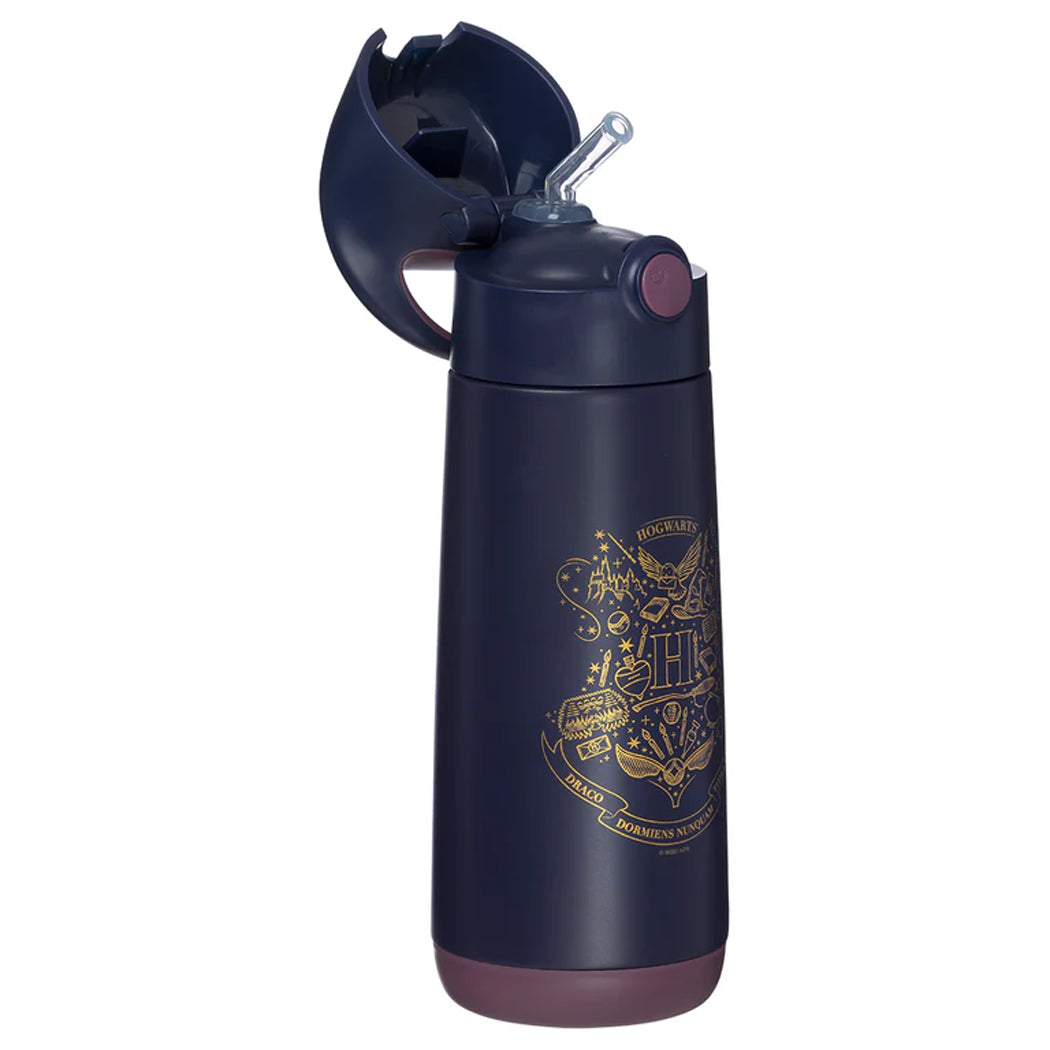 Navy blue thermos with gold design on a white background
