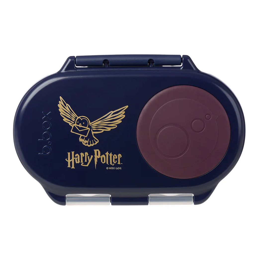 Navy blue container with 'Harry Potter' branding featuring an owl logo on a white background