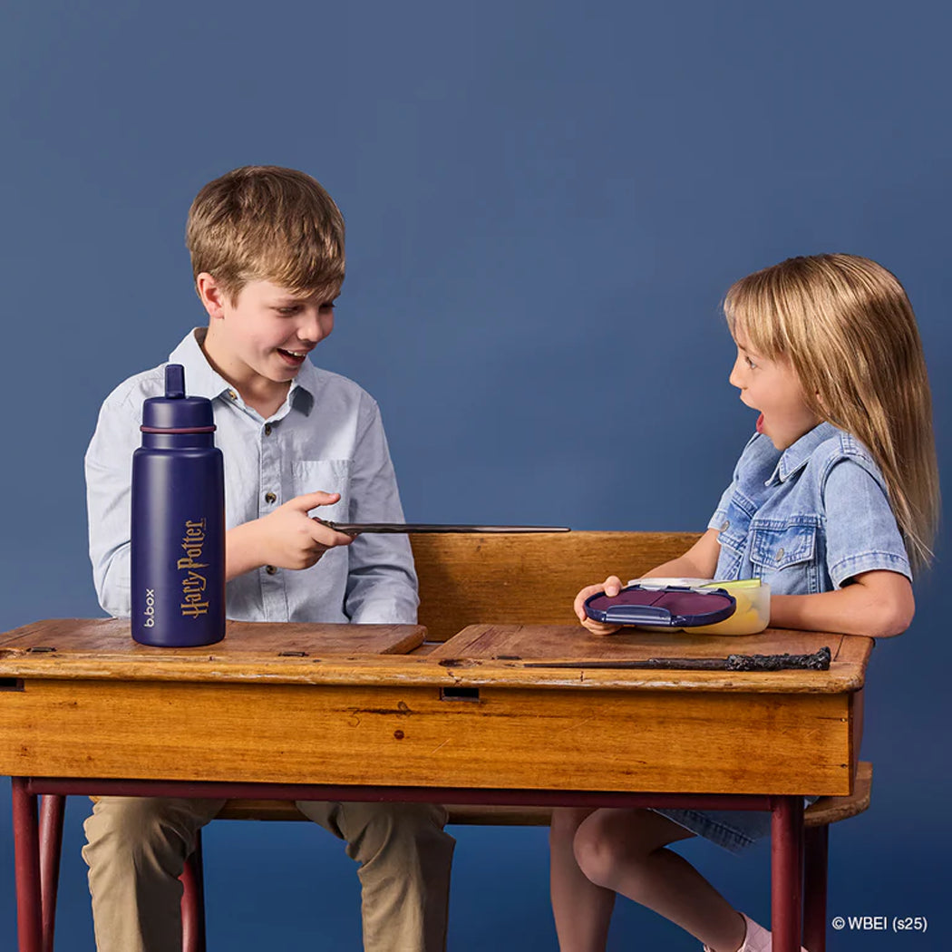 Two children sitting at a wooden desk with Harry Potter-themed items on a blue background