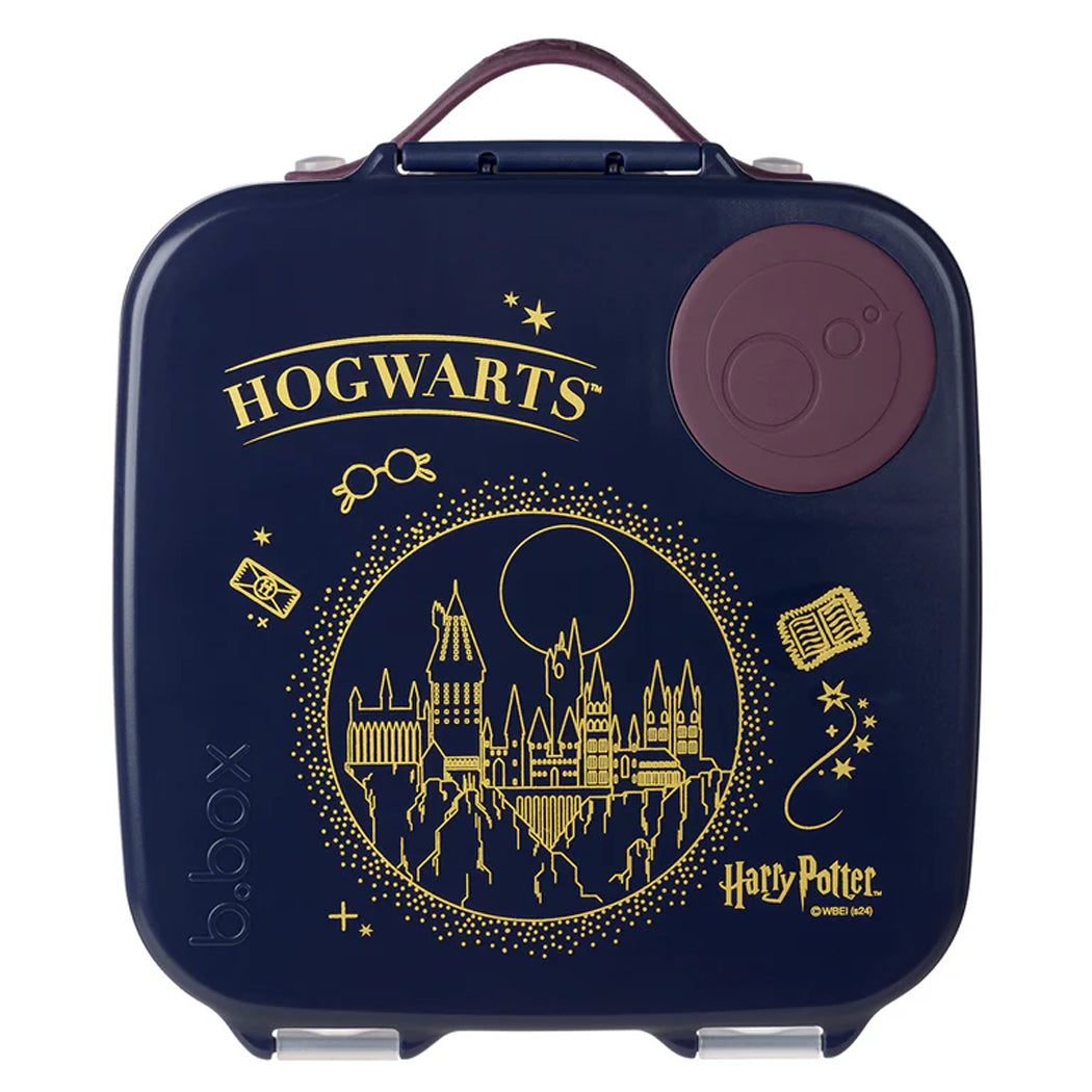 Navy blue suitcase with gold 'Hogwarts' text and castle illustration, featuring the Harry Potter brand.