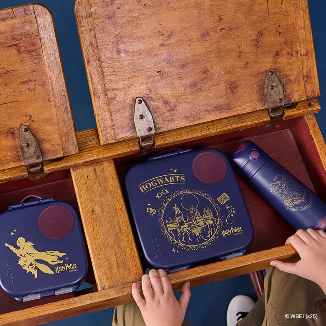 Wooden trunk with Harry Potter-themed lunch boxes inside
