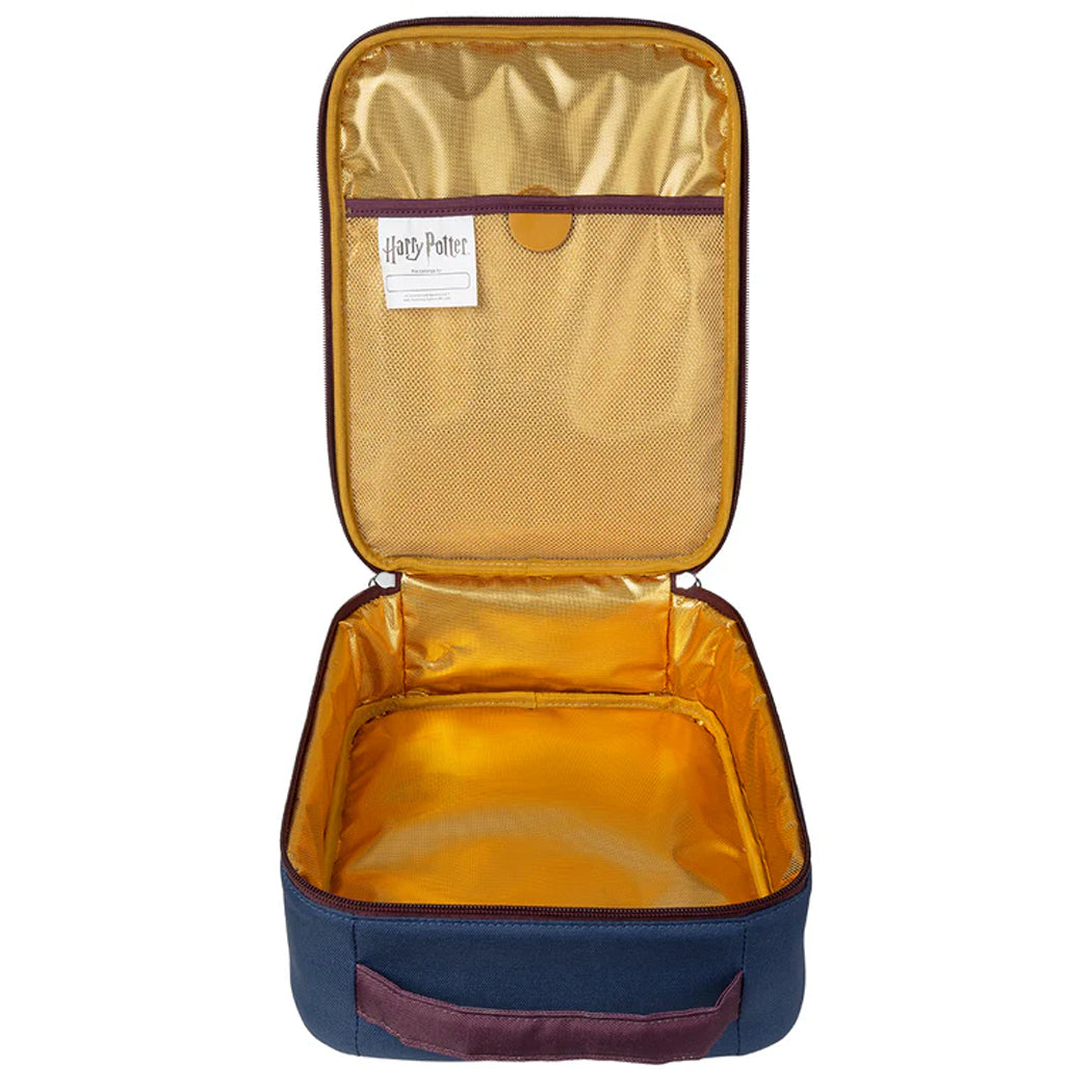 Open blue and gold travel bag with a Harry Potter label on a white background